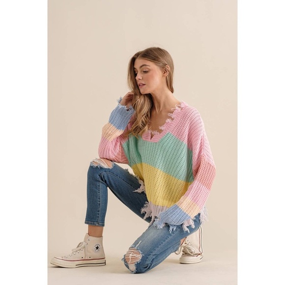 Miracle Destroyed Hem Color block V Neck Sweater sz Small Medium pink green blue - Picture 12 of 14